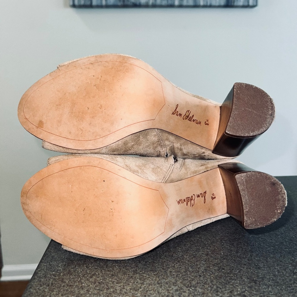 Sam Edelman Tan Suede Leather Yarn Peep Toe Ankle Booties women's size 8.5 - Picture 6 of 8